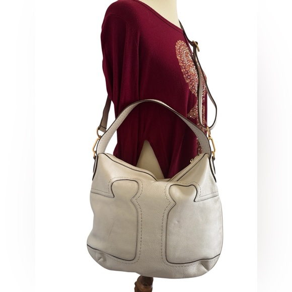 Tory Burch Amalie Adjustable Strap White Pebbled Leather Hobo Purse Crossbody - Picture 10 of 14